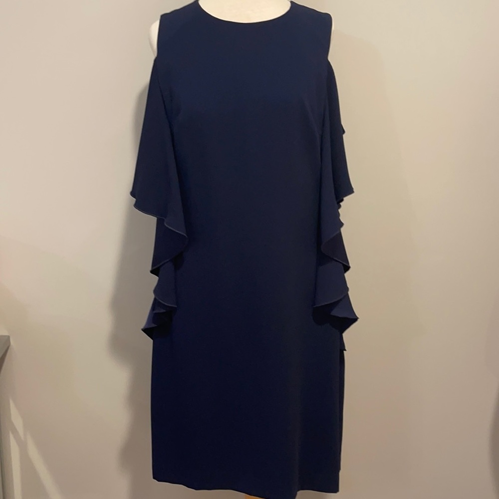 TrinaTurk navy ruffle tank dress or cold shoulder